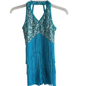 Weissman Showtime Dance Costume 10425 Size MC Blue Fringe Sequins Skating Tap
